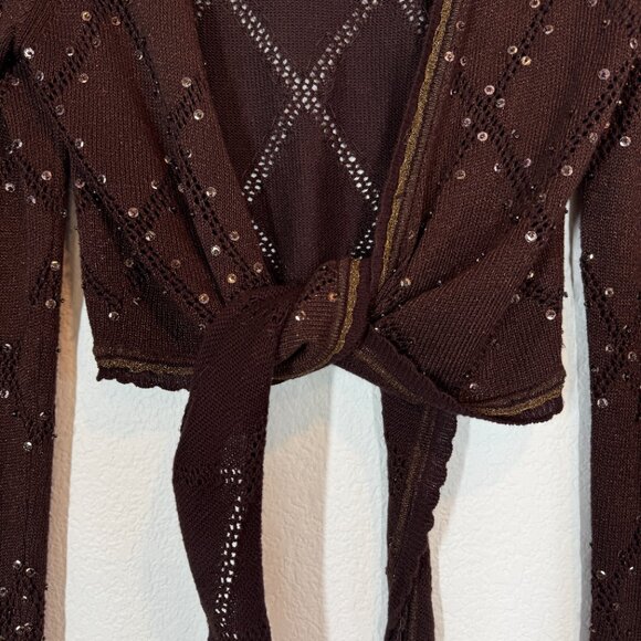 Vintage Cache Cropped Brown Sequin Y2K Sweater Shrug Fairy Grunge Tie Medium - Picture 6 of 10